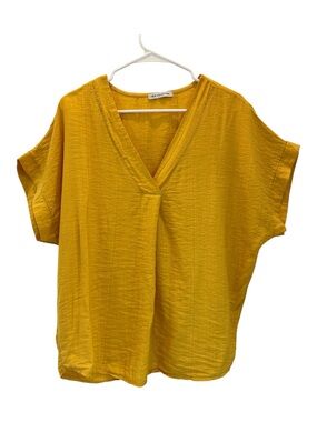 New Collection Yellow Made in Italy V Neck Viscose Flowy Popover Too Blouse M/L